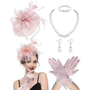 5pcs Fascinators Hat For Women Tea Party Veil Mesh Headband Feather Hat 3247